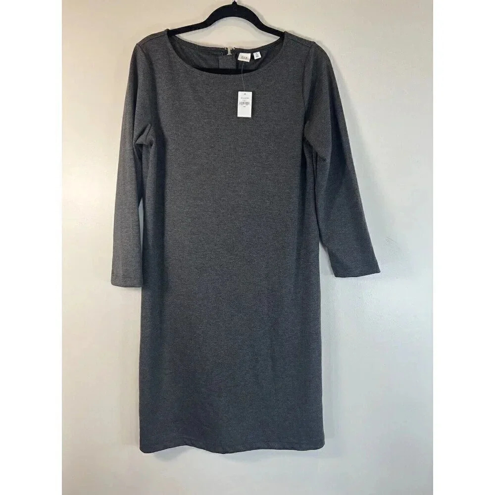 GAP NWT Gray Shift Dress Long Sleeve Leather-like Zipper Detail Size Medium-Tall
